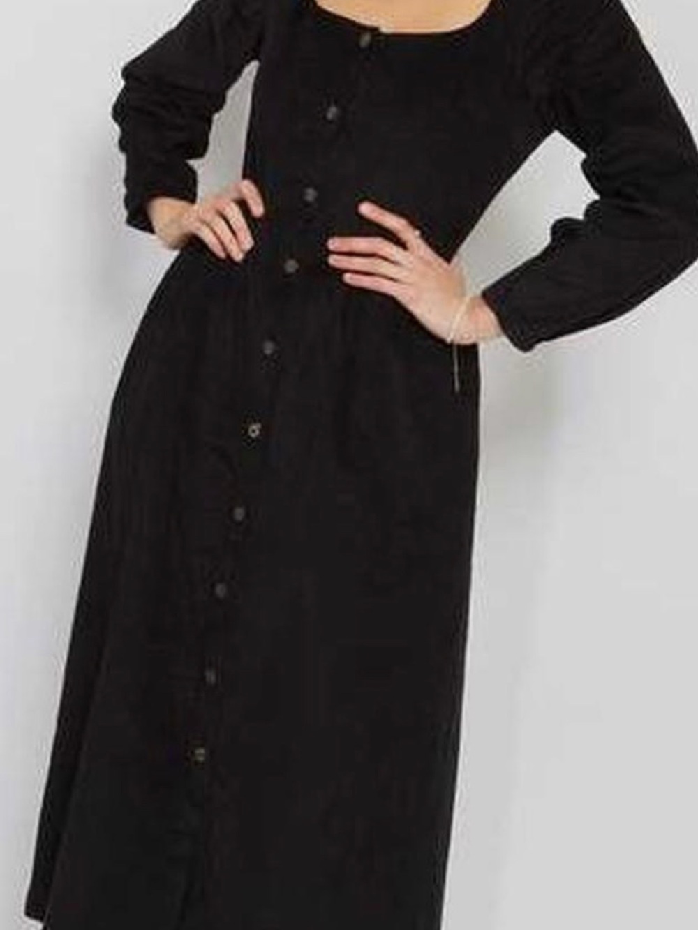 Classic Black Button-Front Long Sleeve Dress